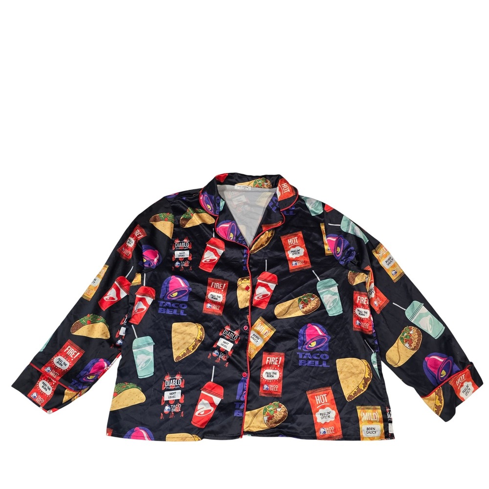 Sheshow Taco Bell Pajama Top XL Black Satin Long Sleeve Hot Sauce Print Shirt
